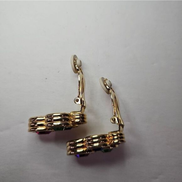 Vintage '80s Bezel Set Jewel Tone Multicolor Gold Tone Clip On Earrings - Picture 7 of 8